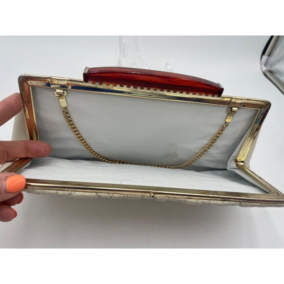 Vintage White Leather Clutch Purse Brown Lucite Handle & Gold Chain - Picture 6 of 13